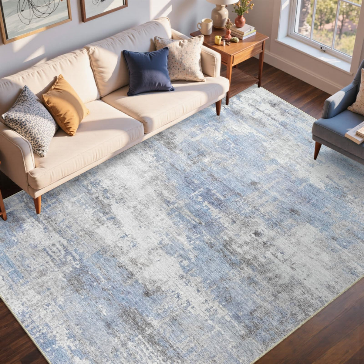 6x9 Ft Large Area Rugs for Living Room, Soft Non-Slip Washable Rugs Modern Abstract Pattern Carpet for Bedroom Indoor Floor Nursery Home Decor (Blue)