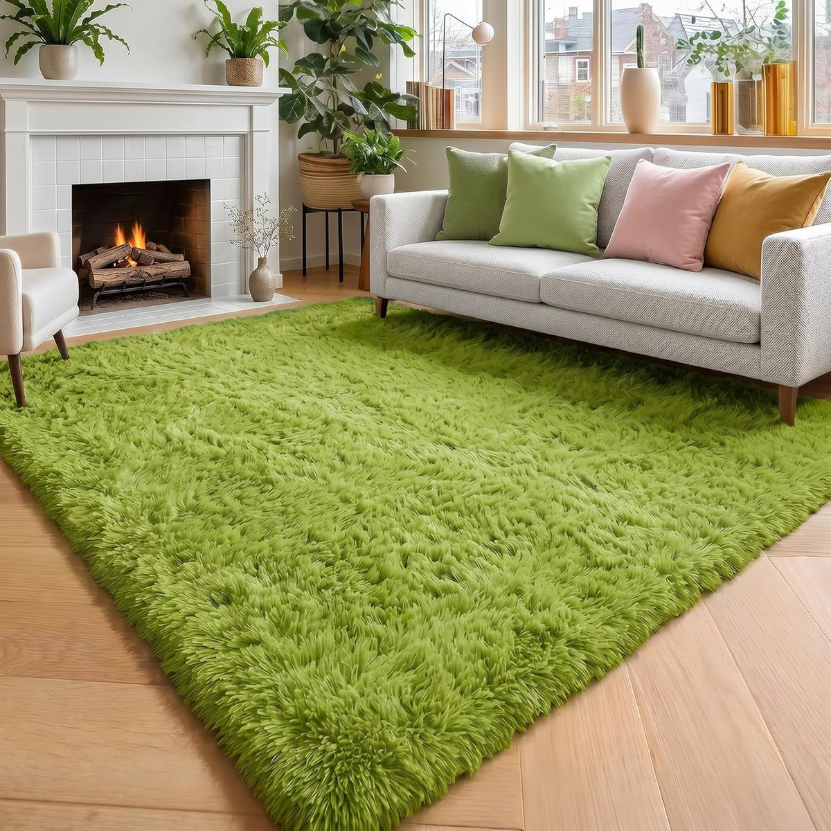 Amdrebio Grass Green Fluffy Area Rug 4x6 for Bedroom Classroom Living Room