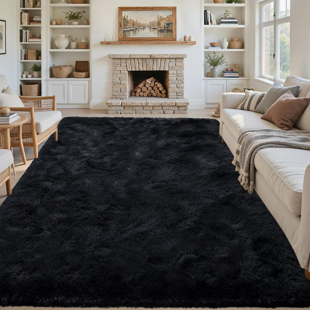5x7 Black Area Rugs for Living Room, Large Fluffy Shag Bedroom Rugs Non-Slip, Ultra Soft Plush Carpet for Nursery Kids PlayRoom Dorm Office Indoor Modern Carpets