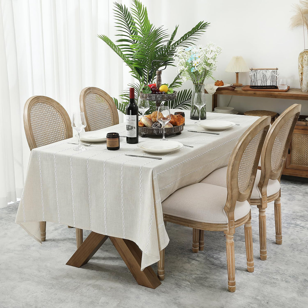 Chassic 60 x 84 inches Farmhouse Style Linen tablecloths, Wrinkle Resistant Washable Dining Room Table Cloths for Rectangle Tables - Hemstitch Light Coffee
