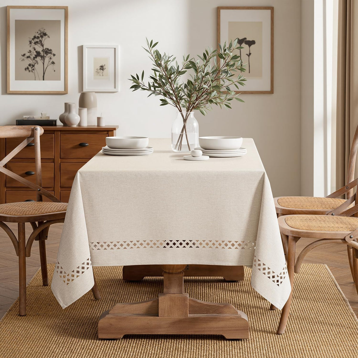 MIULEE Beige Rectangle Tablecloth with Decorative Cutouts 52x70 Inch