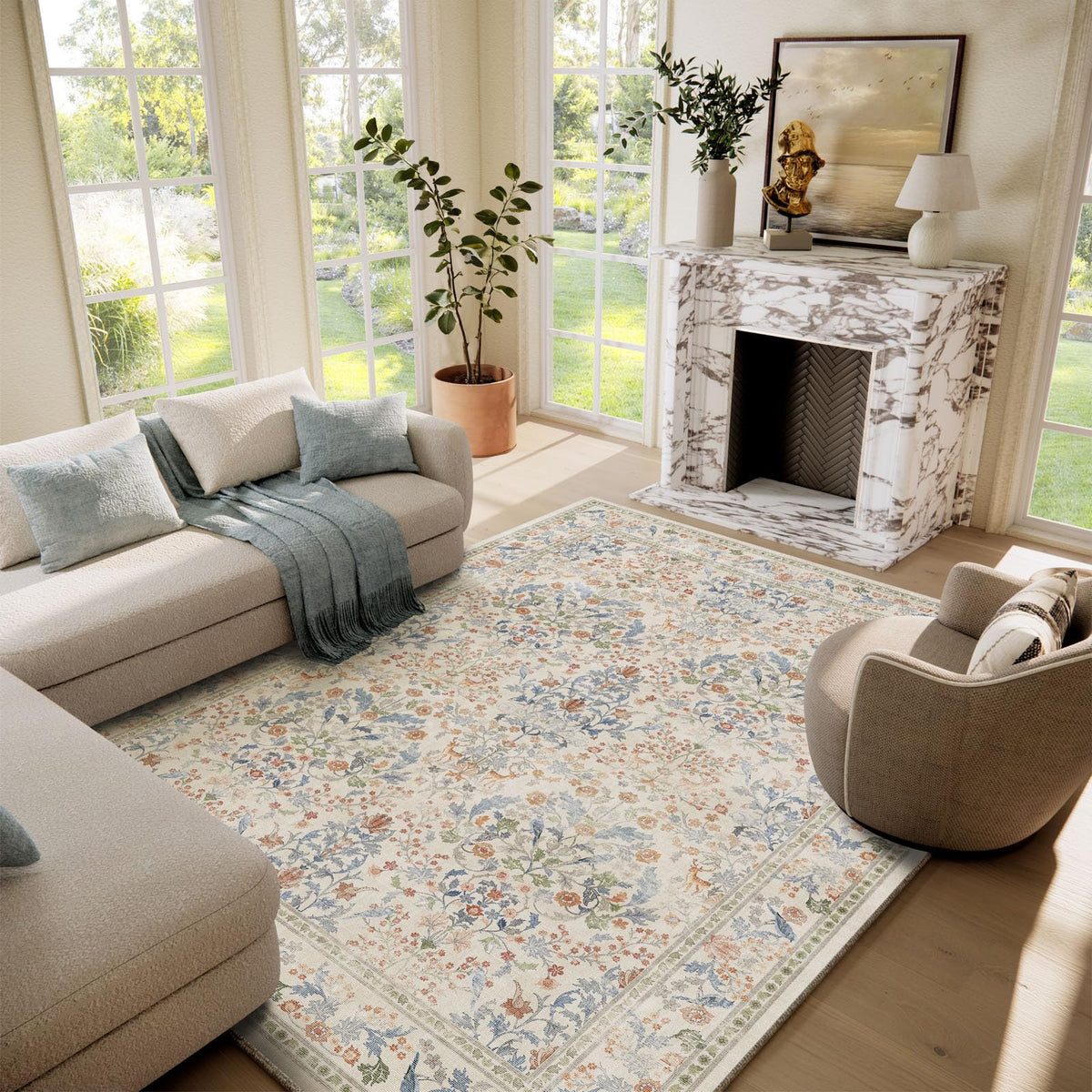 Washable Area Rugs for Living Room: 9x12 Area Rug for Bedroom Vintage Stain Resistant Non Slip Low Pile Lightweight Soft Carpet for Kitchen Dining Room Farmhouse Kids Room Nursery