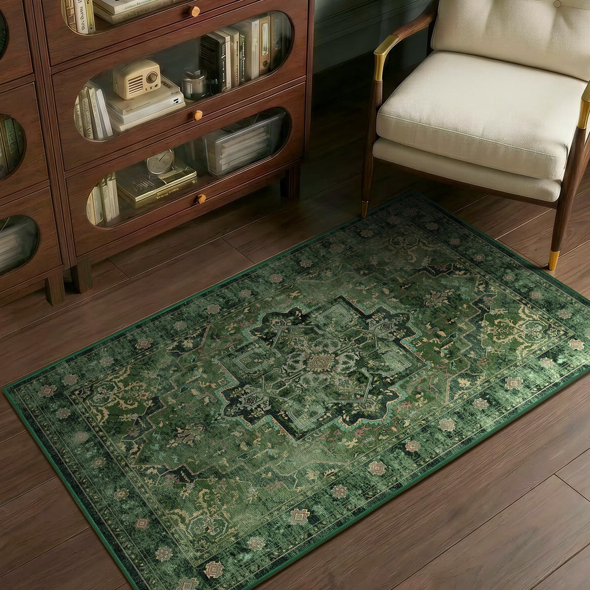 Vintage Dark Green Area Rugs 5x7 for Living Room, Tranditional Distressed Medallion Printed Low Pile Thin Rugs for Bedroom, Non Slip Washable Carpet Rugs for Dining Room/Kitchen/Home Office