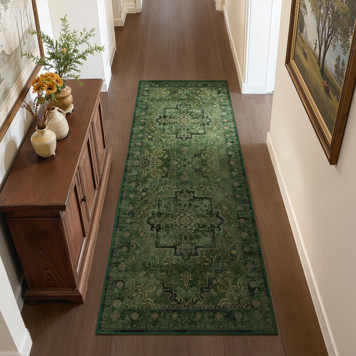 Vintage Dark Green Area Rugs 5x7 for Living Room, Tranditional Distressed Medallion Printed Low Pile Thin Rugs for Bedroom, Non Slip Washable Carpet Rugs for Dining Room/Kitchen/Home Office