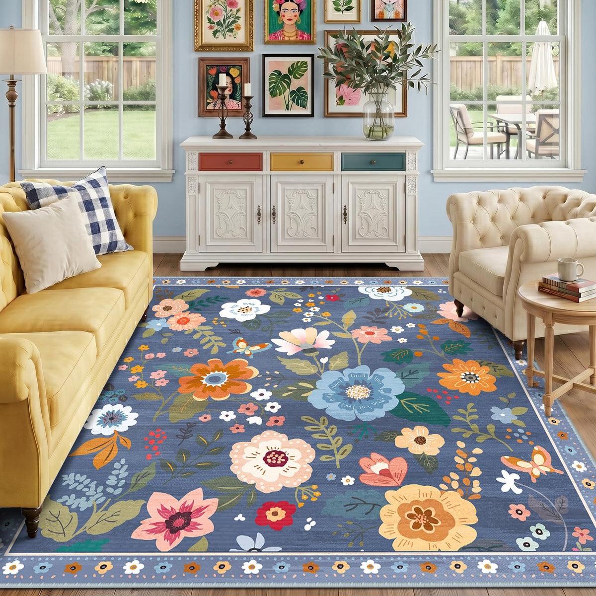 RELEANY Floral Washable 5x7 Area Rugs Black