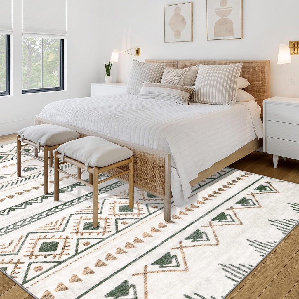 Area Rug for Living Room 6x9: Large Washable Boho Moroccan Rugs Geometric Neutral Rug, Non-Slip Foldable Morden Farmhouse Indoor Floor Carpet for Bedroom Dining Table Home(Brown Green,6'x9')