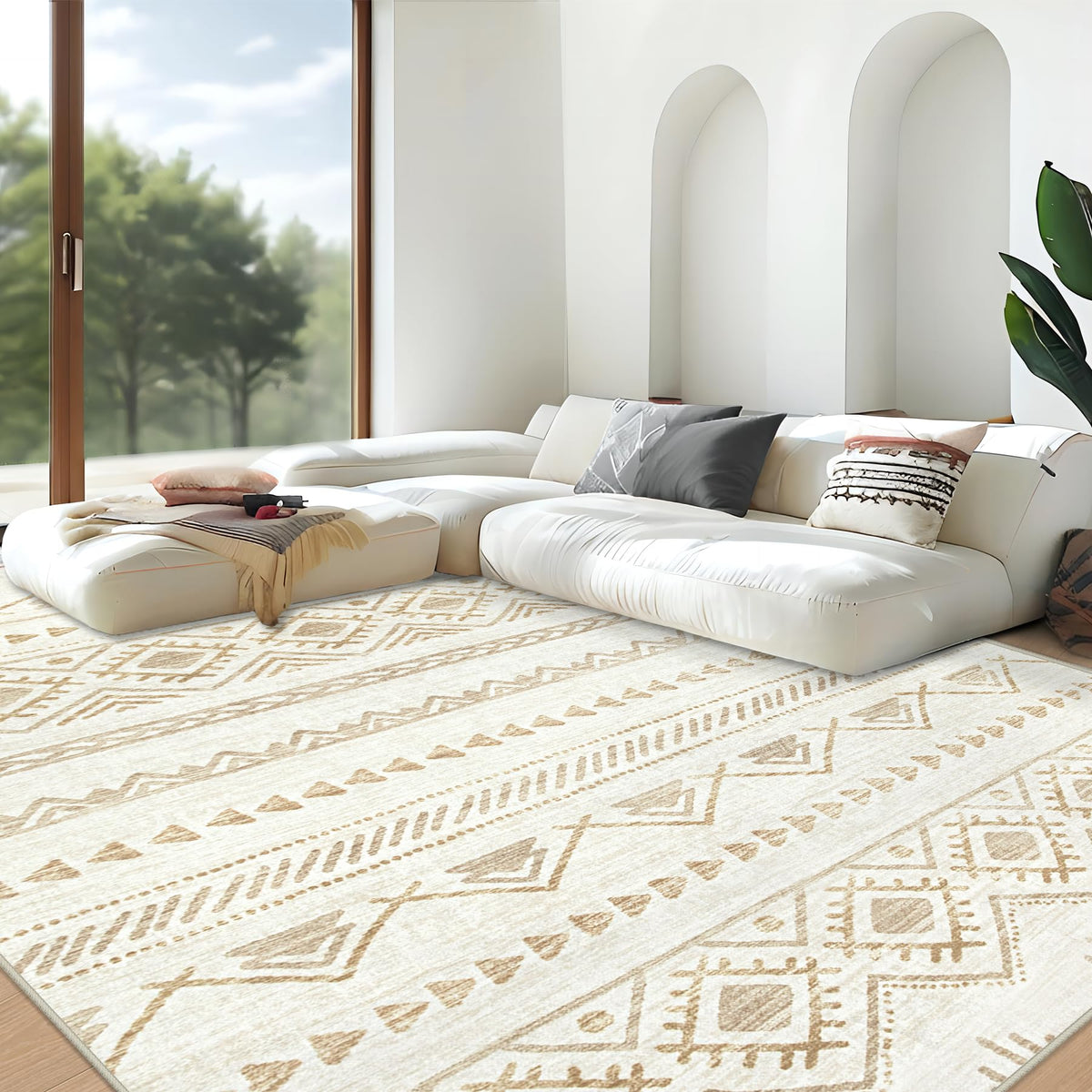 Area Rug for Living Room 6x9: Large Washable Boho Moroccan Rugs Geometric Neutral Rug, Non-Slip Foldable Morden Farmhouse Indoor Floor Carpet for Bedroom Dining Table Home(Brown Green,6'x9')