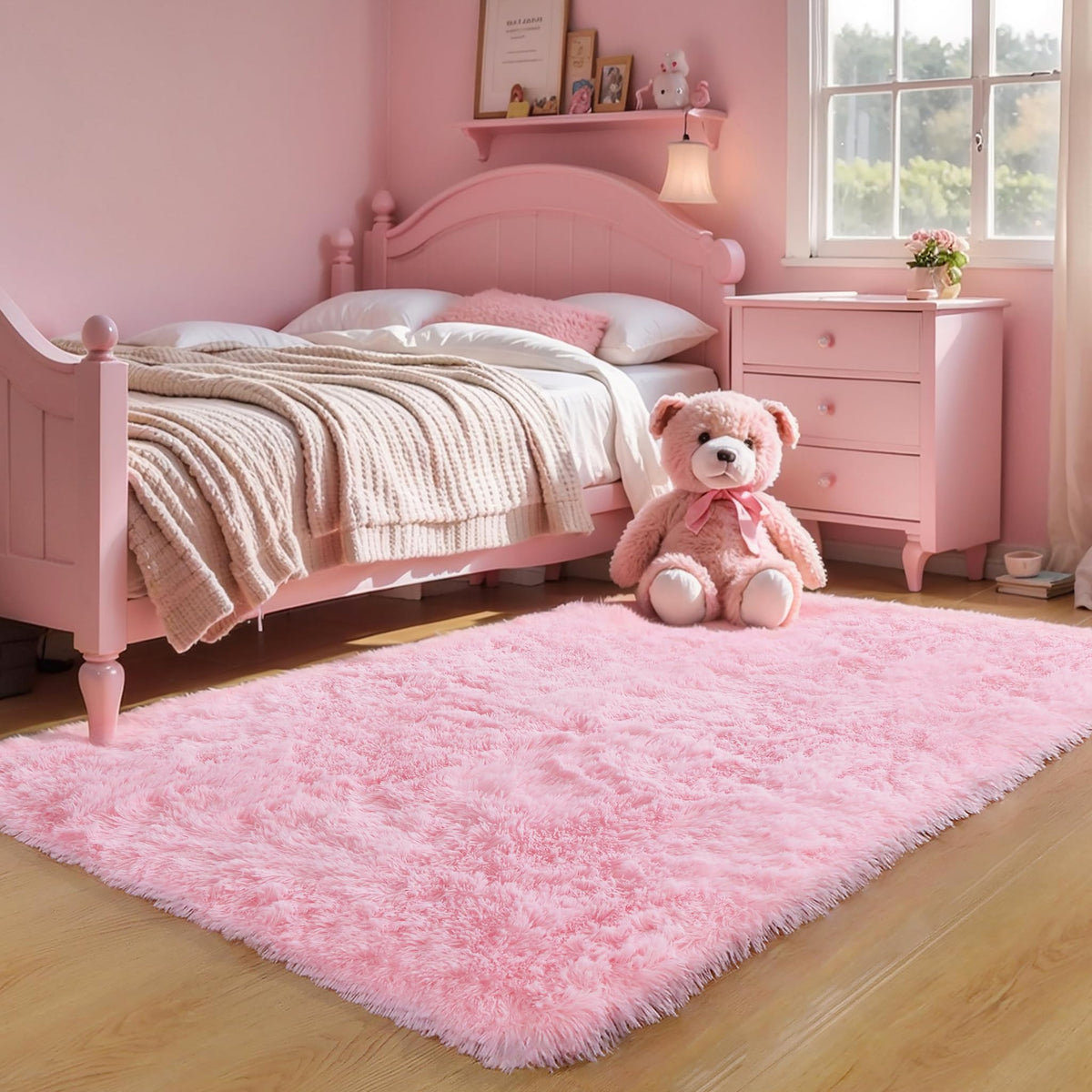 Pink Fluffy 4x6 Area Rugs for Bedroom Girls, Plush Washable Carpet