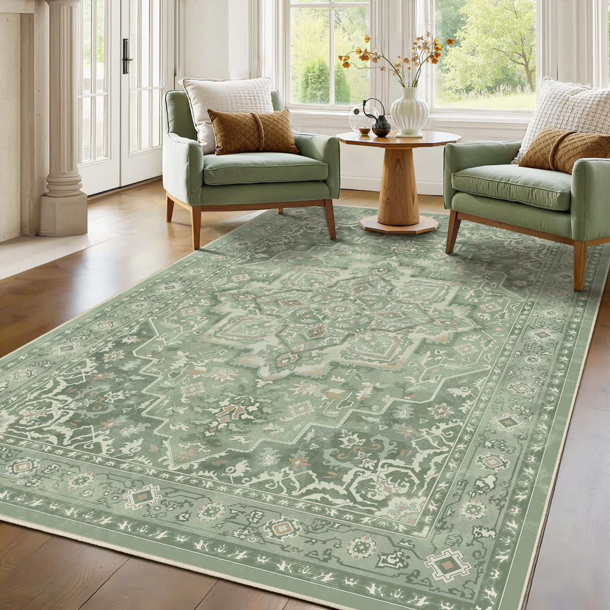 Vintage Dark Green Area Rugs 5x7 for Living Room, Tranditional Distressed Medallion Printed Low Pile Thin Rugs for Bedroom, Non Slip Washable Carpet Rugs for Dining Room/Kitchen/Home Office