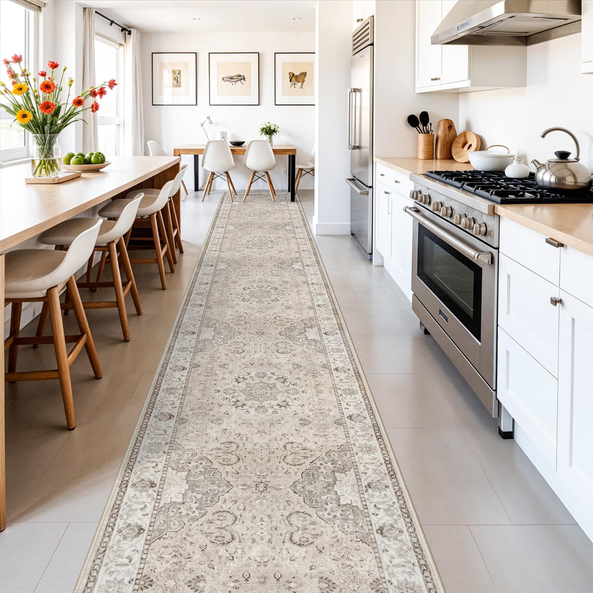 Hallway Washable Runner Rug - 2x10 Kitchen Rugs Entryway Rug Runner Vintage Soft Floor Mat Non Slip Indoor Farmhouse Carpet for Bathroom Living Room Bedroom (2 X 10, Beige)