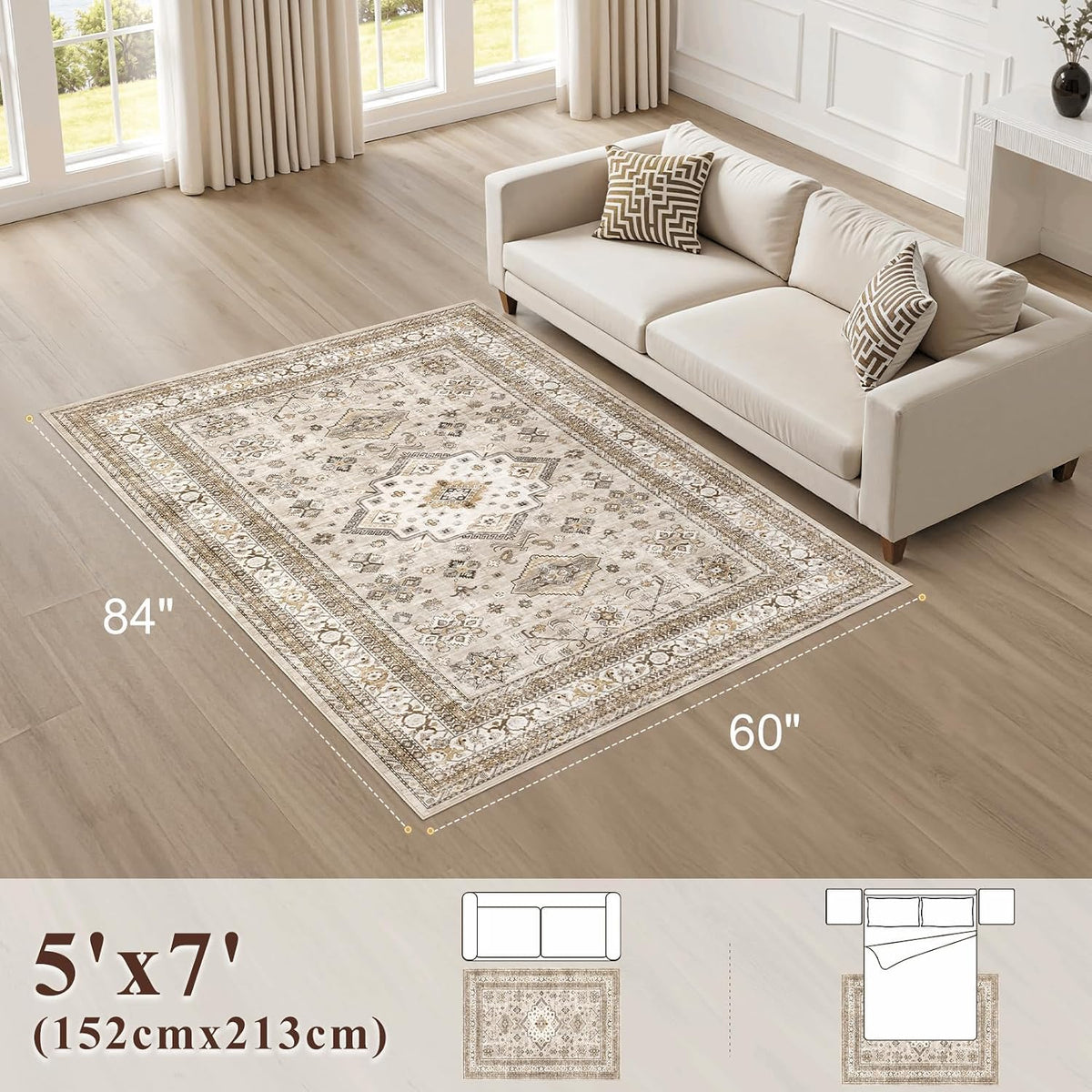 cotiled 5x7 Area Rug for Living Room, Washable, Traditional, Beige