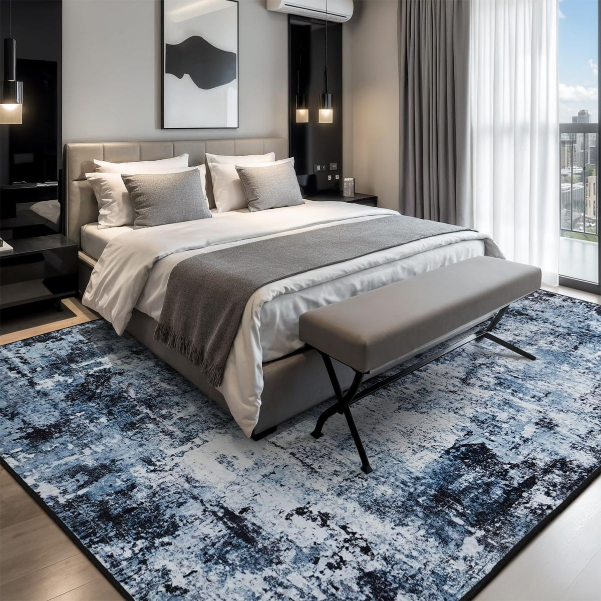 Rugflix 8x10 Area Rugs for Living Room, Washable Large Rug Stain-Resistant Low Pile, Modern Dark Carpet for Dining Room Home Office Kid Room Nursery Bedroom, Navy Blue/Black