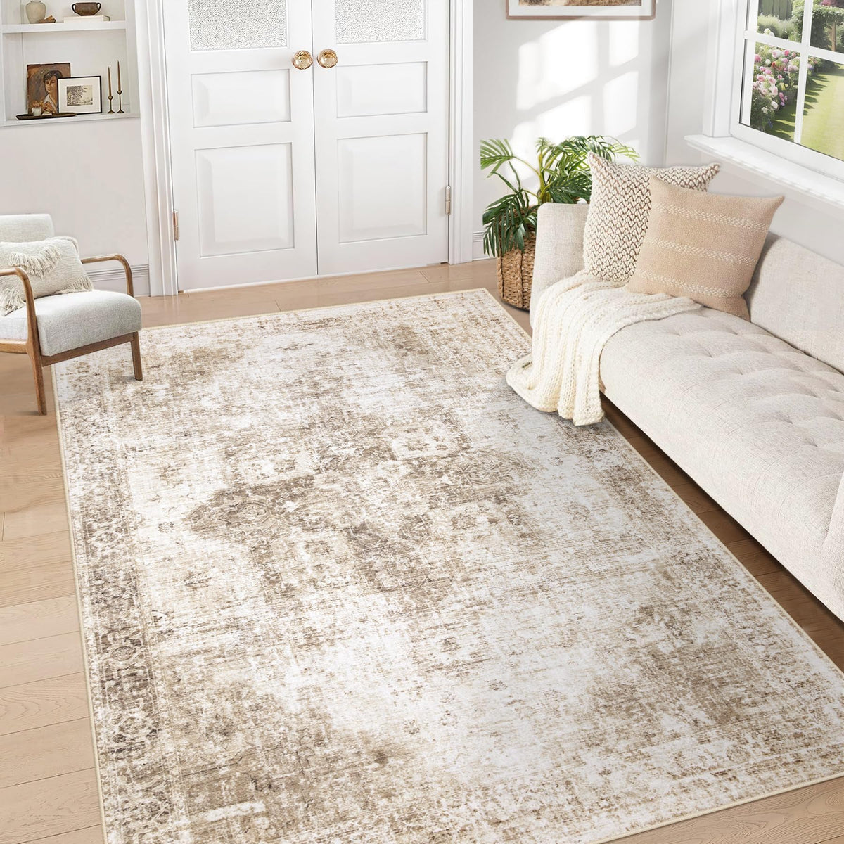 Area Rug 8x10 Washable Rug, Vintage Boho Medallion Rugs Non-Slip Soft Low Pile Large Distressed Rug Indoor Retro Carpet for Living Room Bedroom Dining Room Office Children's Room(Beige, 8'x10')