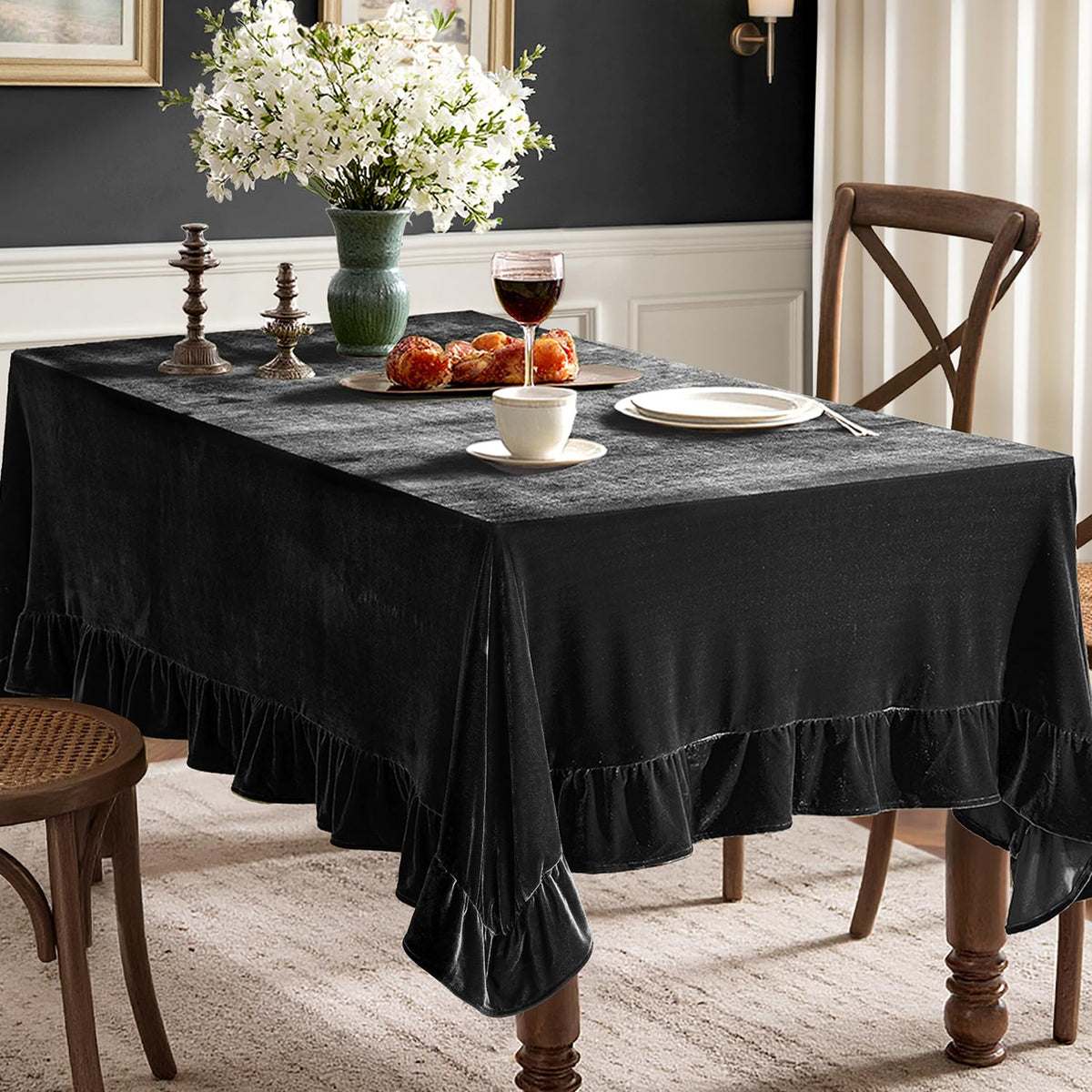 MIULEE Velvet Tablecloth with Decorative Ruffle 60x120 Inch Olive Green