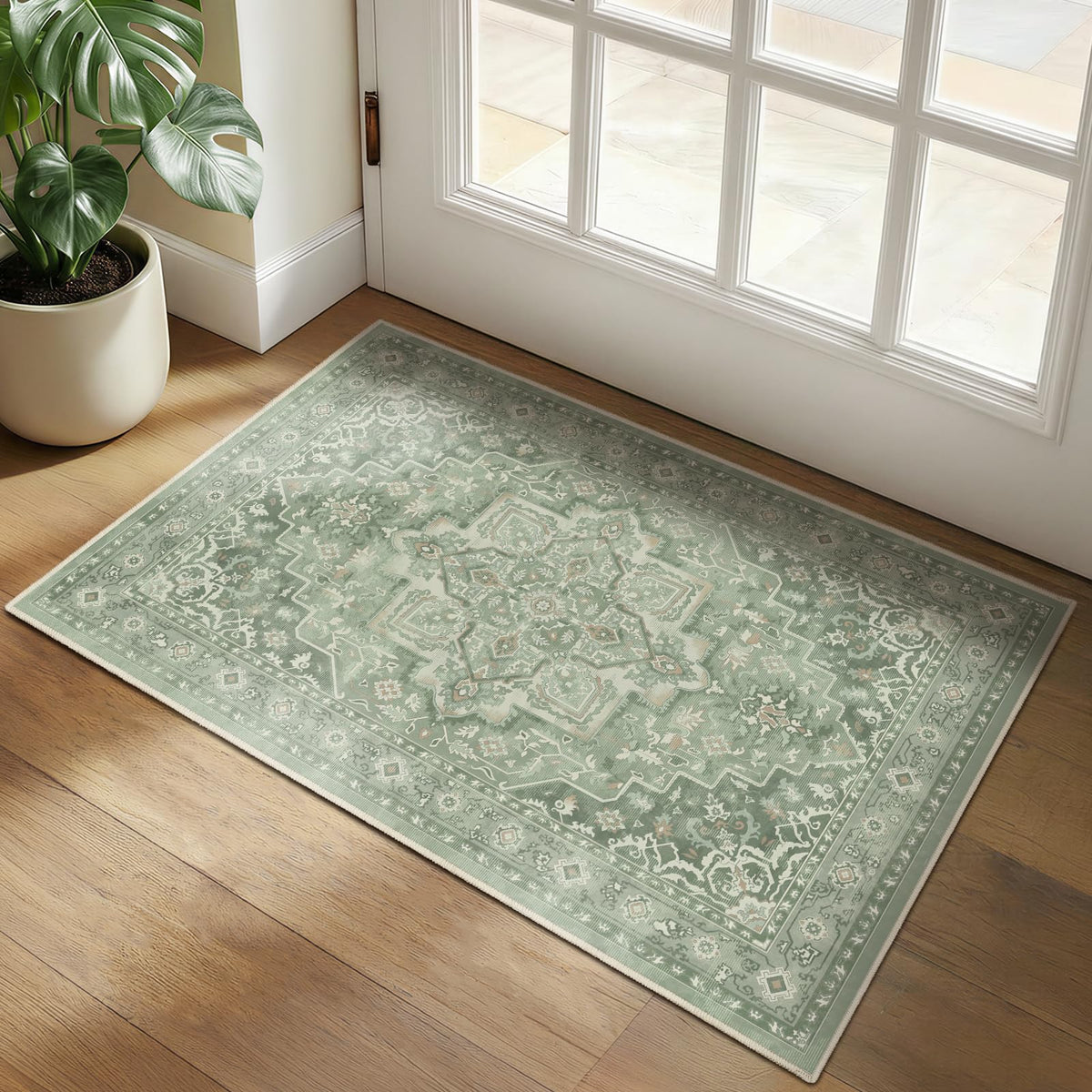 Vintage Dark Green Area Rugs 5x7 for Living Room, Tranditional Distressed Medallion Printed Low Pile Thin Rugs for Bedroom, Non Slip Washable Carpet Rugs for Dining Room/Kitchen/Home Office
