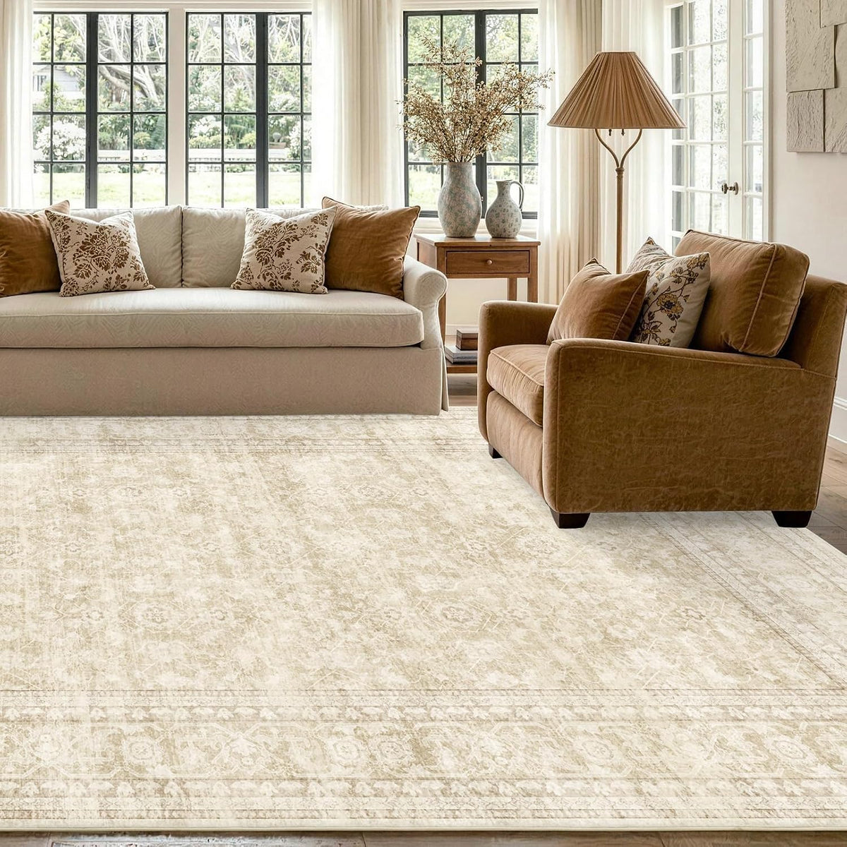 6x9 Ft Large Area Rugs for Living Room, Soft Non-Slip Machine Washable Rug, Vintage Stain Resistant Carpets for Bedroom Nursery Dining Room Home Decor (Beige)