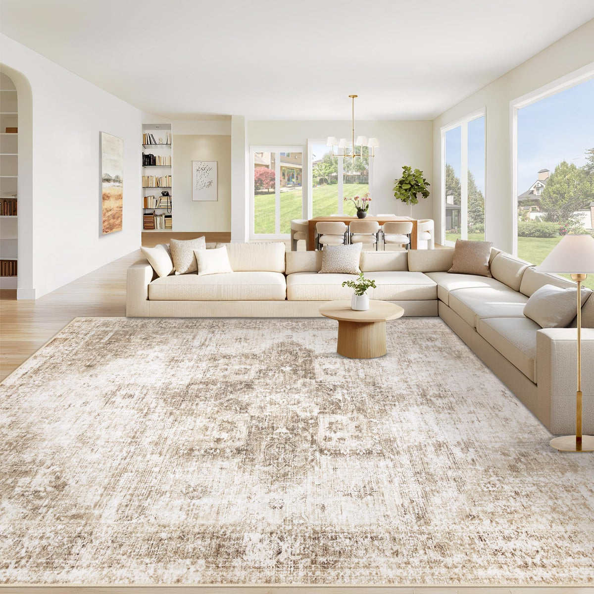 Area Rug 8x10 Washable Rug, Vintage Boho Medallion Rugs Non-Slip Soft Low Pile Large Distressed Rug Indoor Retro Carpet for Living Room Bedroom Dining Room Office Children's Room(Beige, 8'x10')