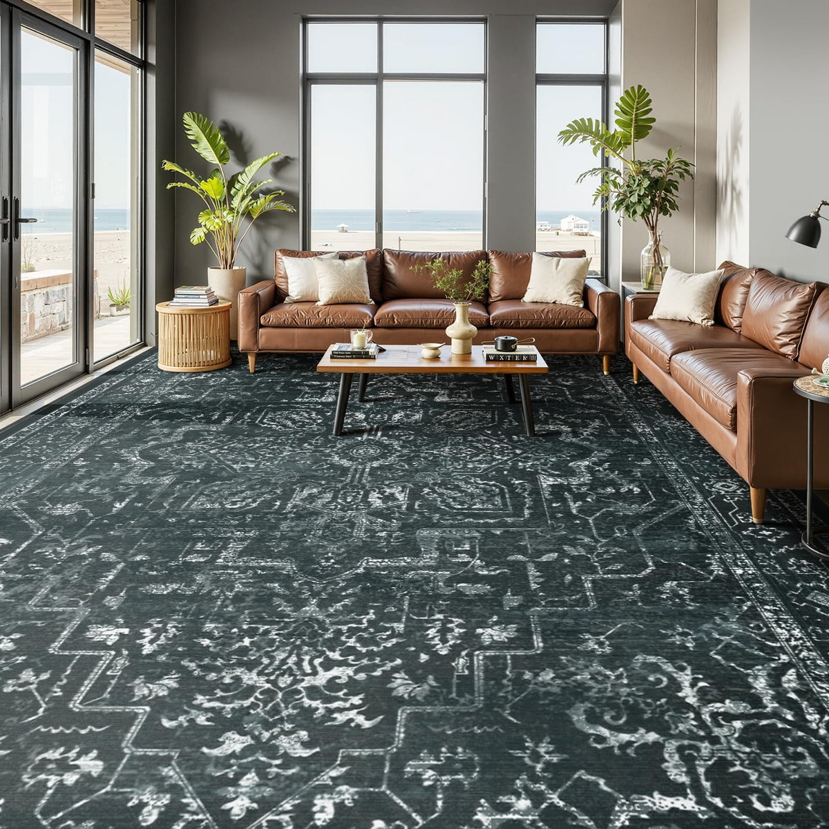Vintage Dark Green Area Rugs 5x7 for Living Room, Tranditional Distressed Medallion Printed Low Pile Thin Rugs for Bedroom, Non Slip Washable Carpet Rugs for Dining Room/Kitchen/Home Office