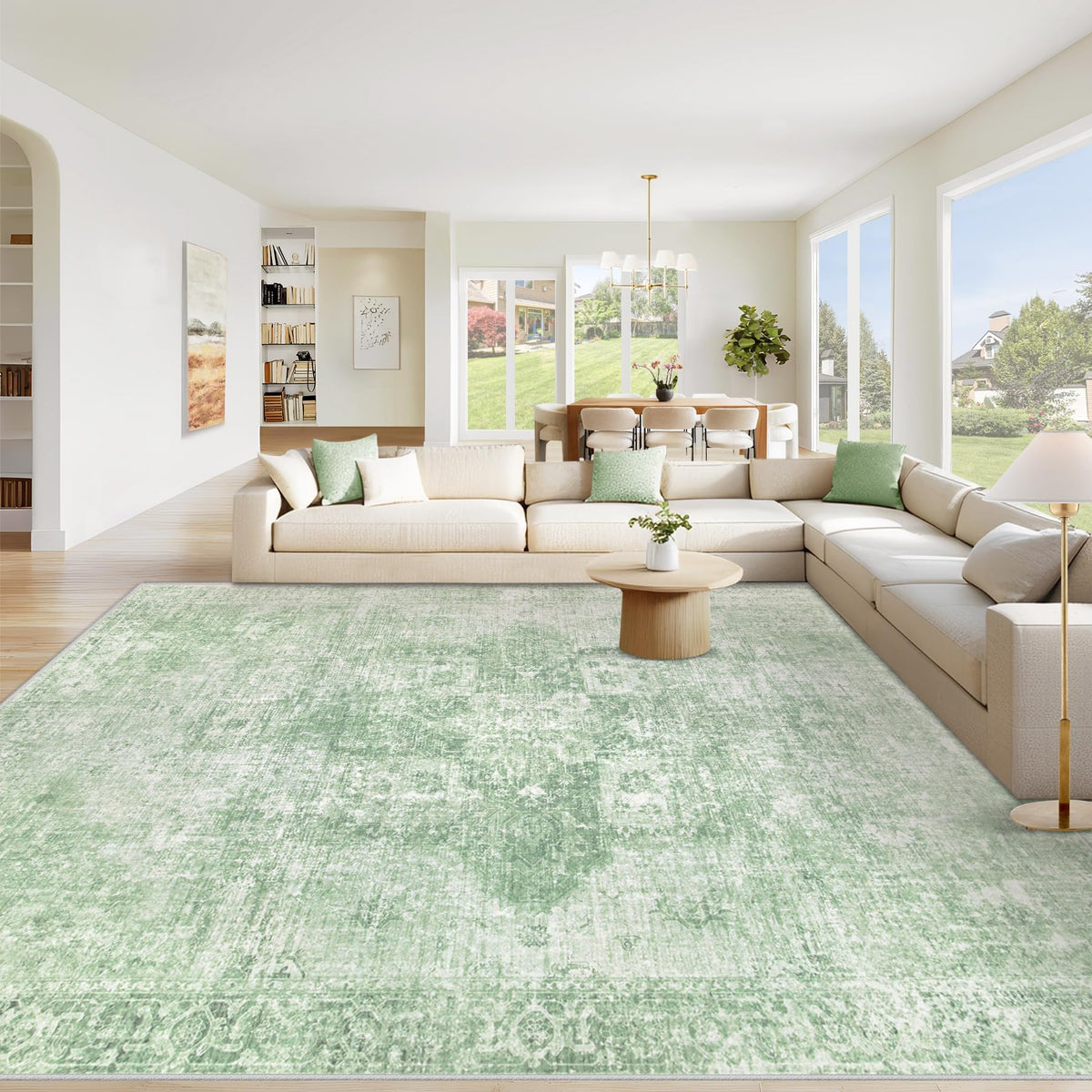 Area Rug 8x10 Washable Rug, Vintage Boho Medallion Rugs Non-Slip Soft Low Pile Large Distressed Rug Indoor Retro Carpet for Living Room Bedroom Dining Room Office Children's Room(Beige, 8'x10')