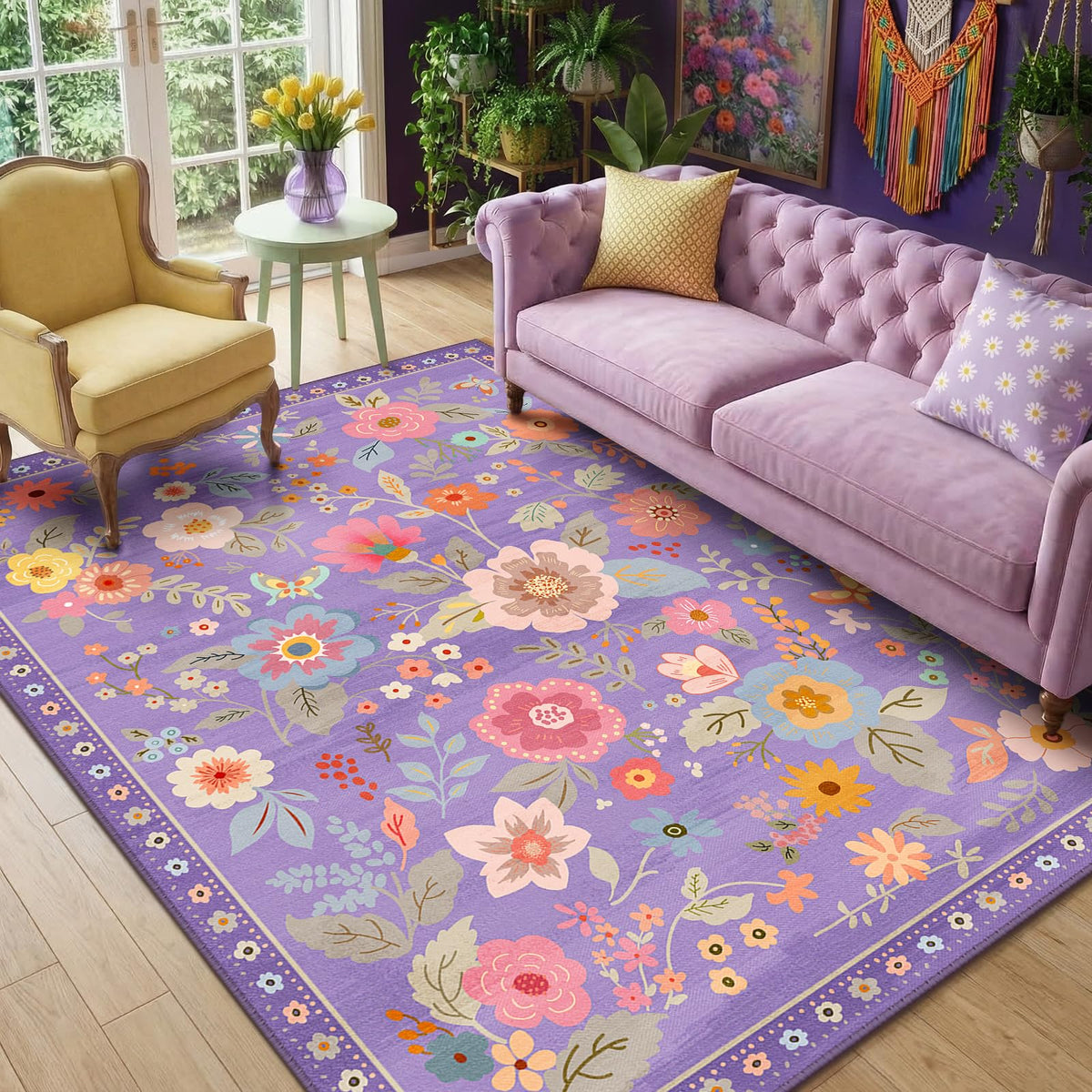 RELEANY Floral Washable 5x7 Area Rugs Black