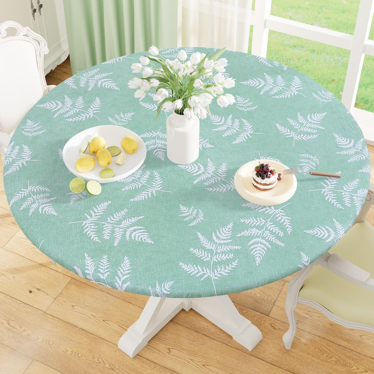 misaya Round Fitted Tablecloth with Elastic Edge, 100% Waterproof Oil Proof Plastic Table Cover, Vinyl Flannel Backed Tablecloth Fits 36"-44" Round Tables for Dinner, Outdoor, Picnic, Flowers