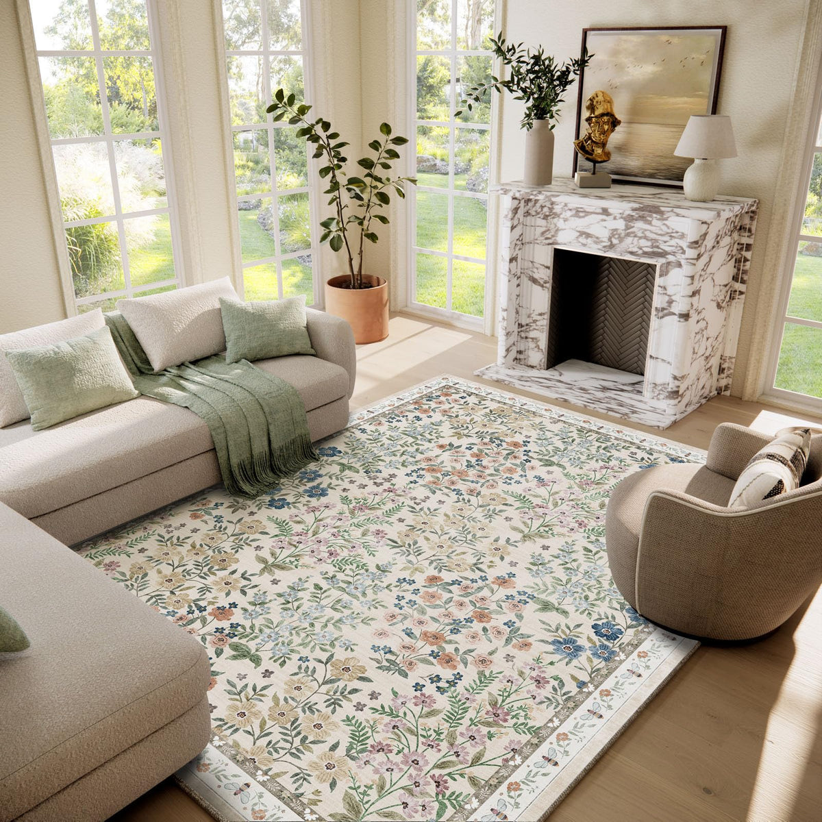 Washable Area Rugs for Living Room: 9x12 Area Rug for Bedroom Vintage Stain Resistant Non Slip Low Pile Lightweight Soft Carpet for Kitchen Dining Room Farmhouse Kids Room Nursery