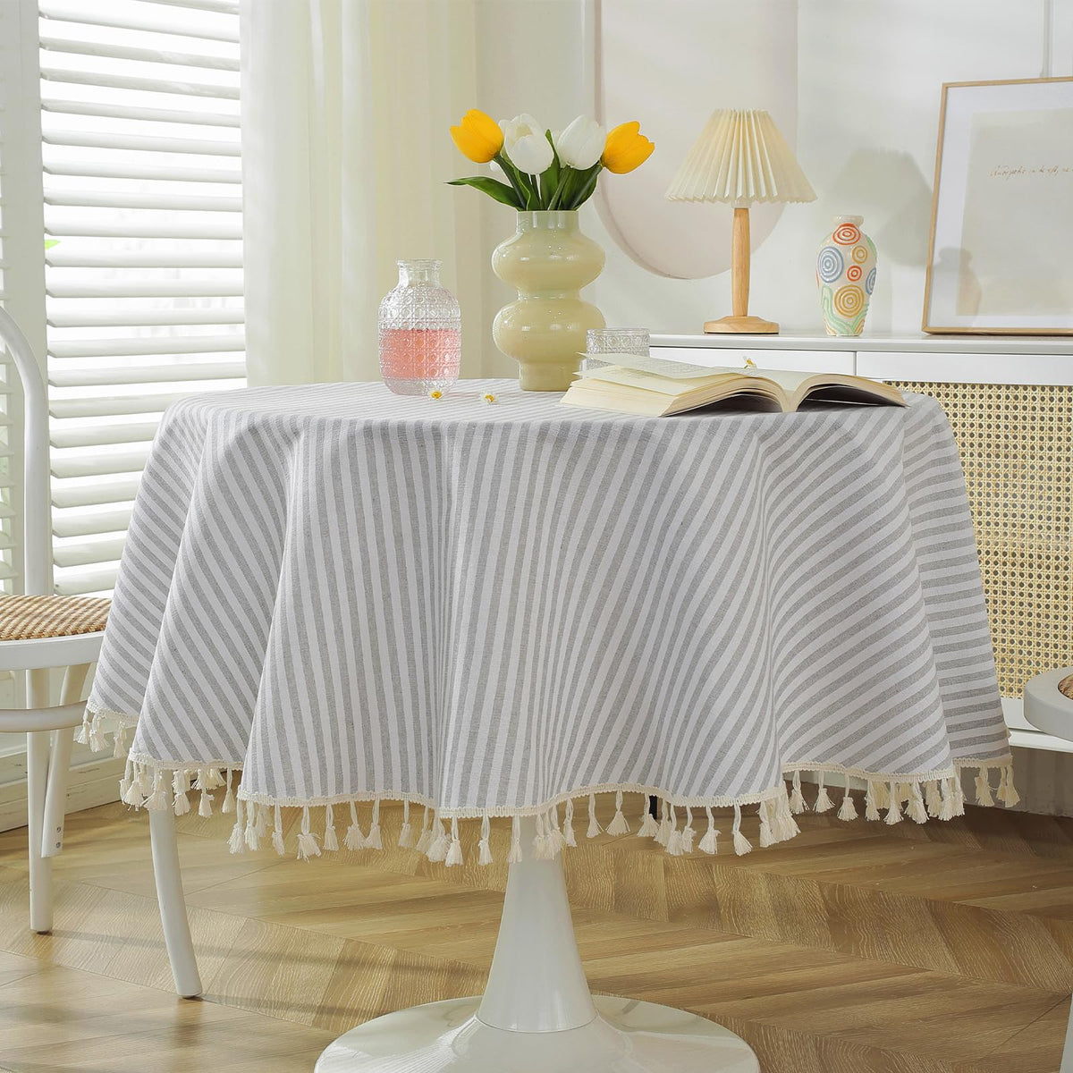 meioro Table Cloth Blue White Striped Tablecloth with Tassels Cotton Linen Dust-Proof Table Cover for Dining Buffet Kitchen Picnic Tables, Parties Holiday Indoor Outdoor Tablecloths (39x55 Inch)