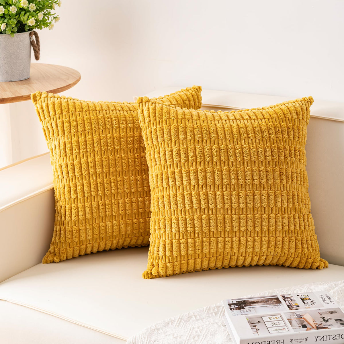 Pack of 2 Corduroy Decorative Throw Pillow Covers 18x18 Inch, Cream White