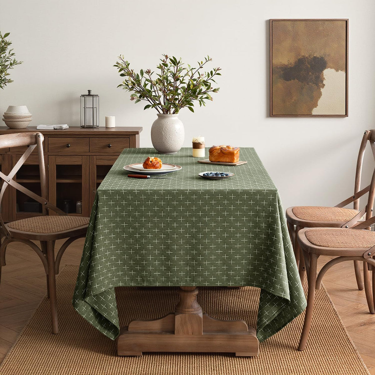MIULEE Olive Green Rectangle Cross-Star Textured Table Cloth 60x84 Inch