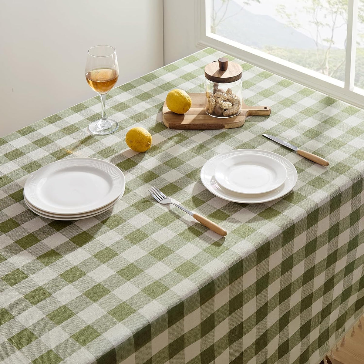 Softalker Gingham Rectangle Tablecloth with Tassel, Sage Green, 55" x 84"