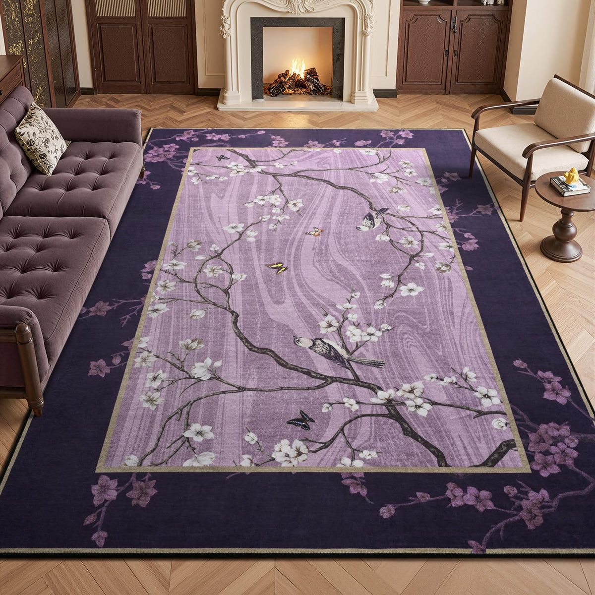 4x6 Purple Oriental Floral Bird Butterfly Throw Area Rug