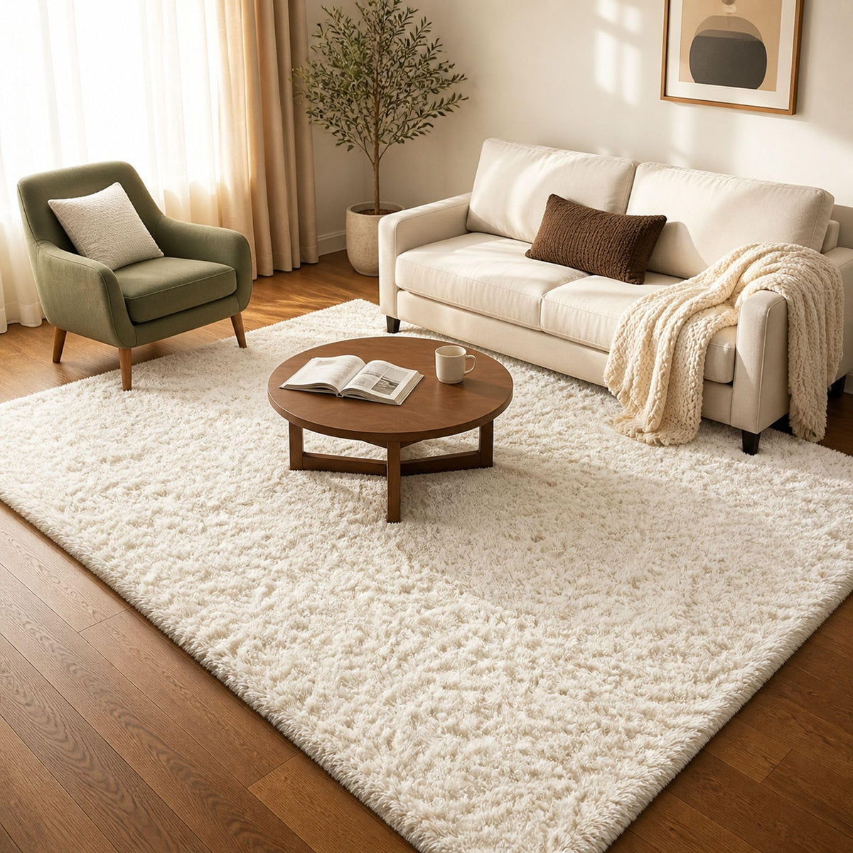 Ophanie Area Rugs for Bedroom, Christmas Upgrade Non-Slip Ivory Fluffy Soft Shag Living Room Carpet, Indoor Floor 4x6 Fuzzy Shaggy Plush Nursery Rug for Kids Dorm Decor with Over 99 pcs Pile fibers