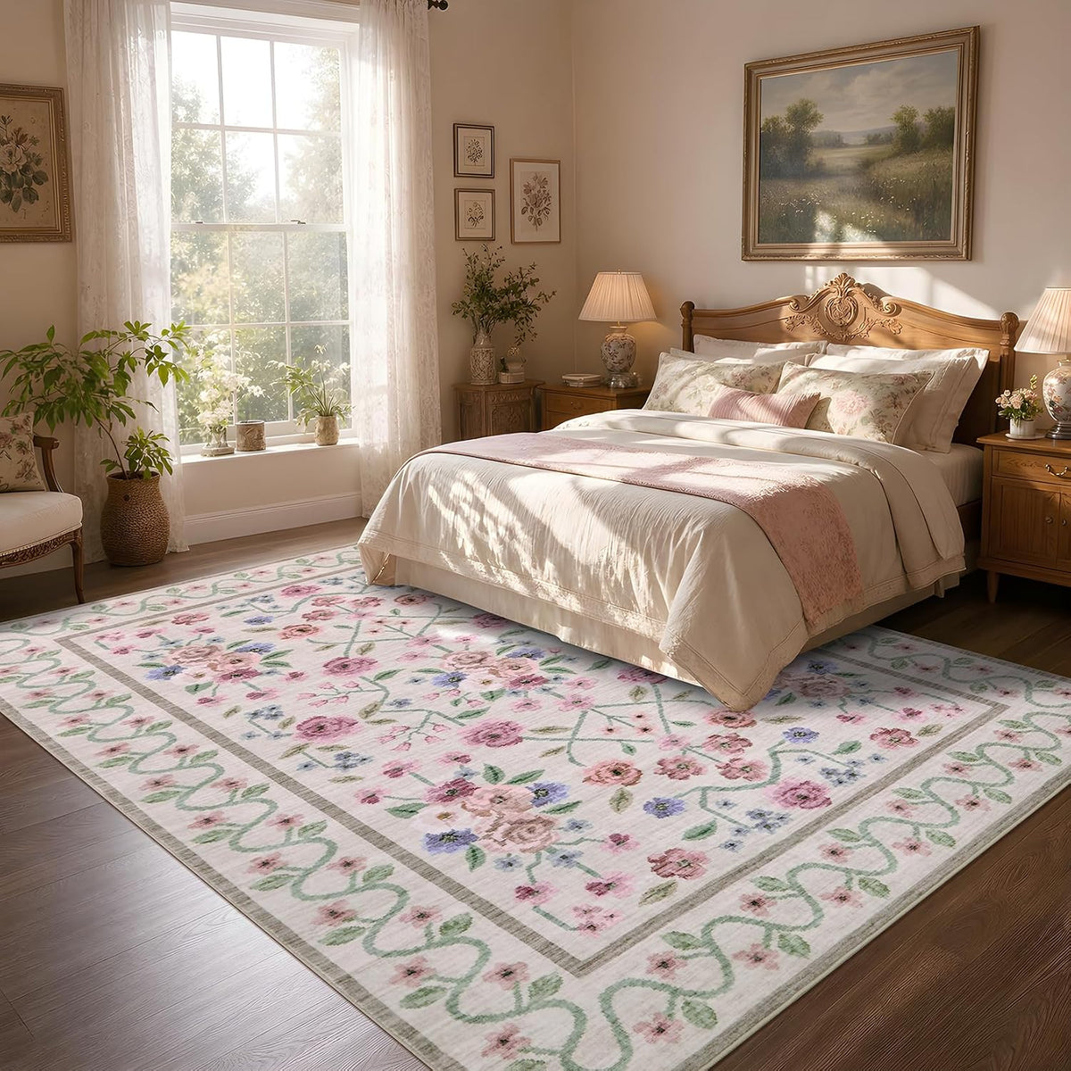 Garvee Beige Floral 5x7 Area Rug for Bedroom Living Room
