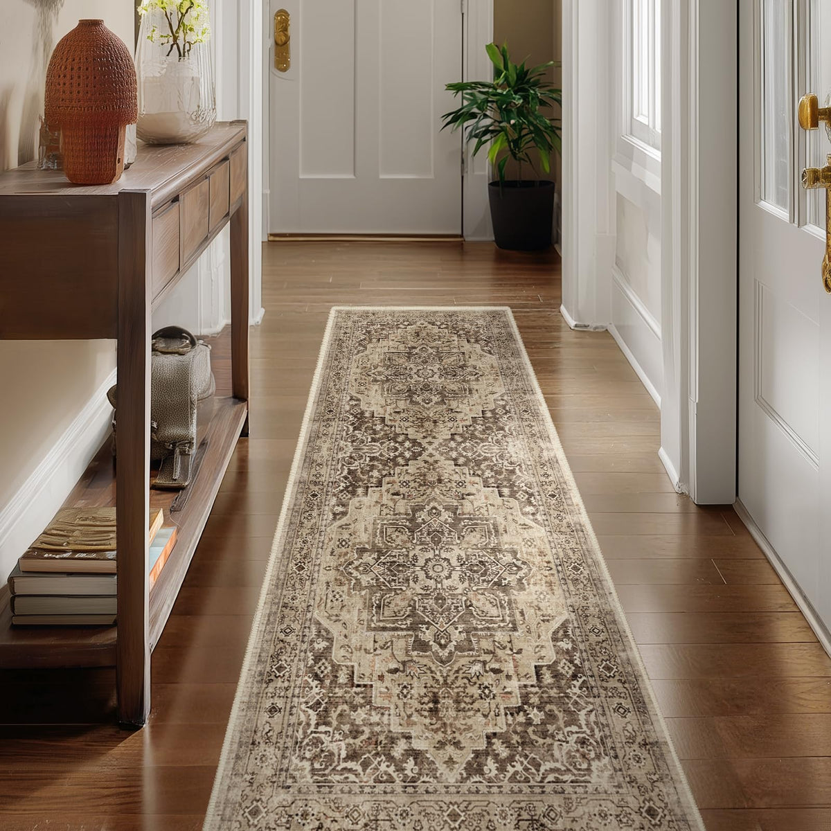 Vintage Dark Green Area Rugs 5x7 for Living Room, Tranditional Distressed Medallion Printed Low Pile Thin Rugs for Bedroom, Non Slip Washable Carpet Rugs for Dining Room/Kitchen/Home Office