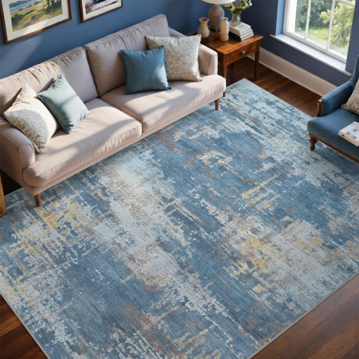 6x9 Ft Large Area Rugs for Living Room, Soft Non-Slip Washable Rugs Modern Abstract Pattern Carpet for Bedroom Indoor Floor Nursery Home Decor (Blue)