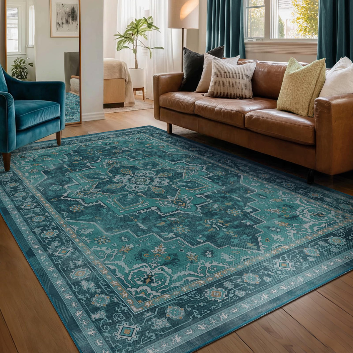 Vintage Dark Green Area Rugs 5x7 for Living Room, Tranditional Distressed Medallion Printed Low Pile Thin Rugs for Bedroom, Non Slip Washable Carpet Rugs for Dining Room/Kitchen/Home Office