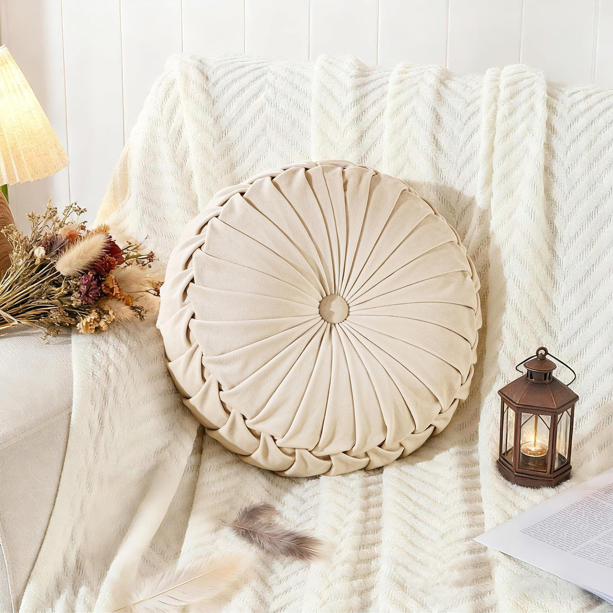 ROSE&RISY Round Pleated Velvet Throw Pillow, 1 Pack Decorative Accent Pumpkin Pillow Cushion for Couch Sofa Bed, Soft Plush Retro Vanity Throw Pillows for Home Decor, 14.5 Inch, Olive Green