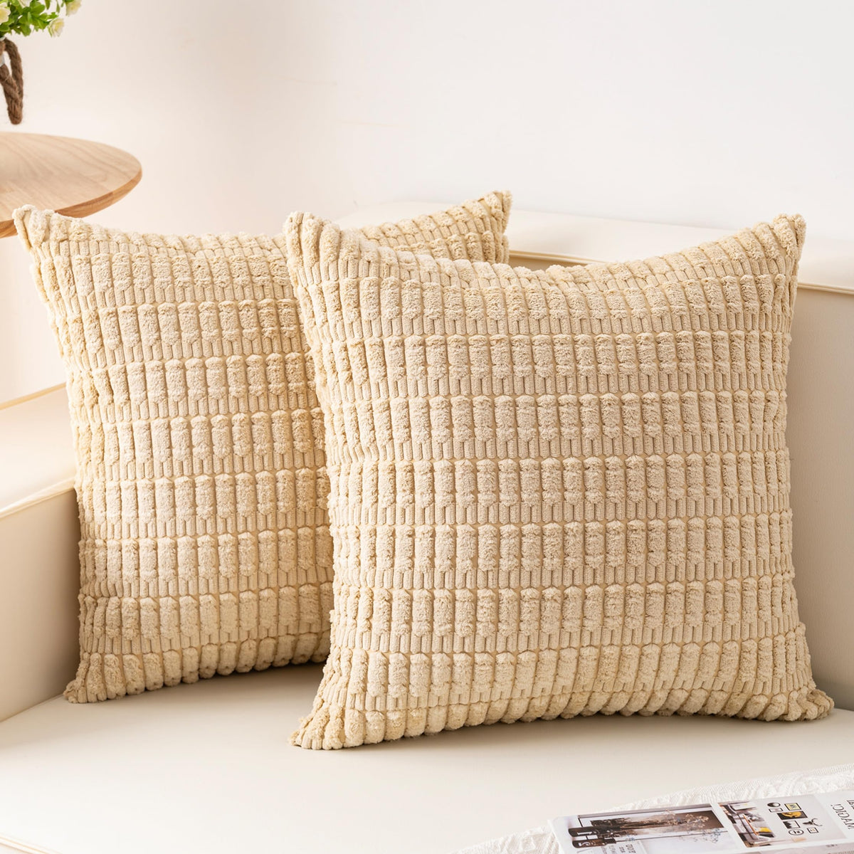 Pack of 2 Corduroy Decorative Throw Pillow Covers 18x18 Inch, Cream White