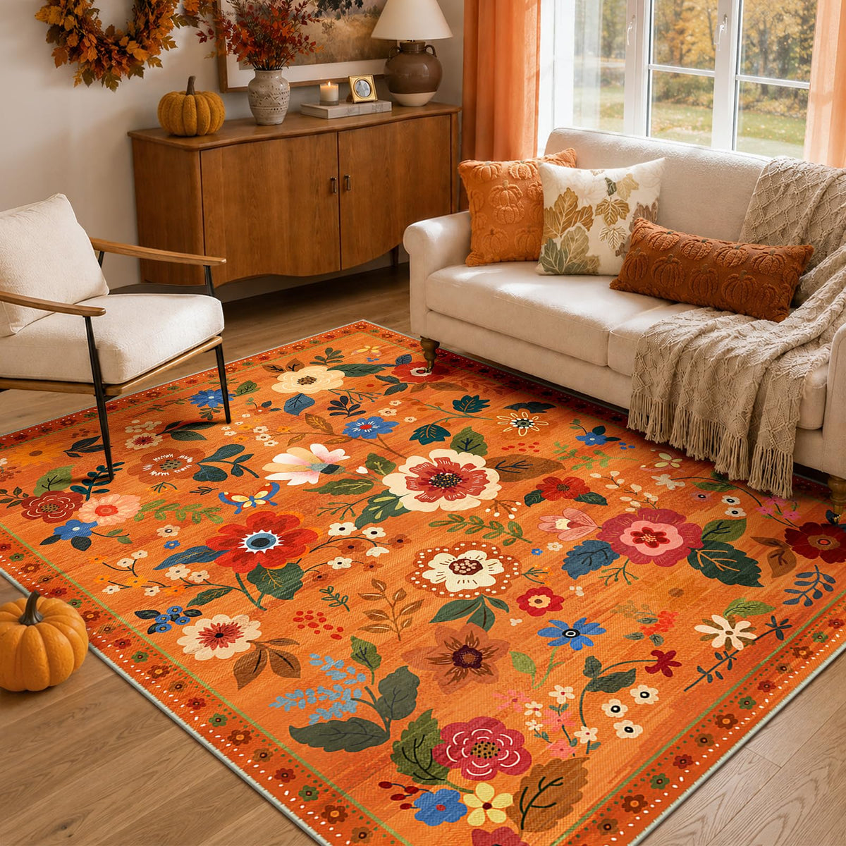 RELEANY Floral Washable 5x7 Area Rugs Black