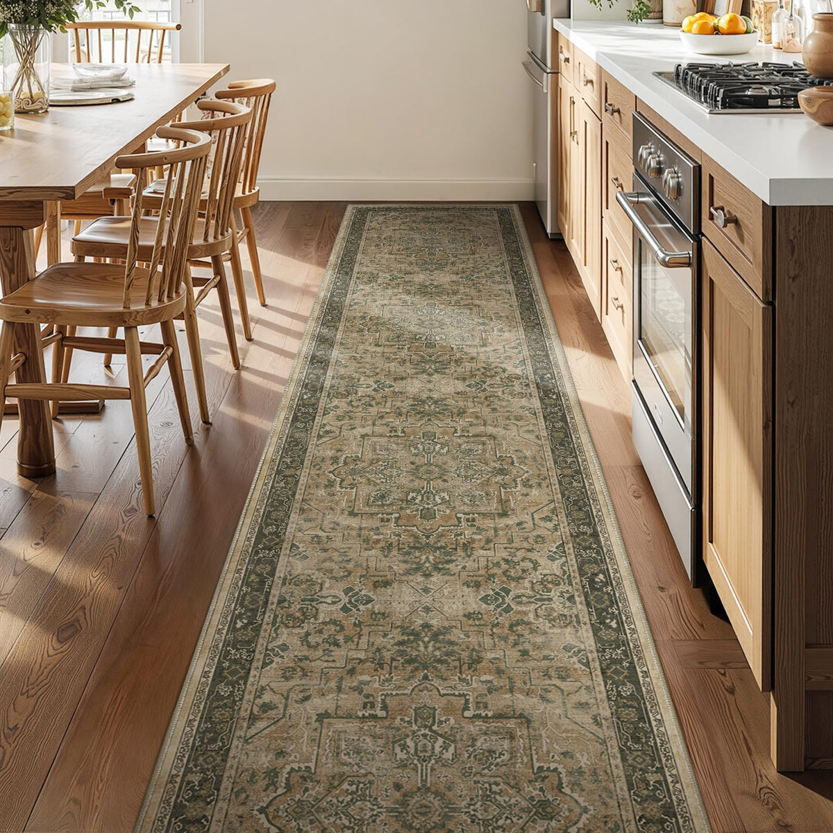 Vintage Dark Green Area Rugs 5x7 for Living Room, Tranditional Distressed Medallion Printed Low Pile Thin Rugs for Bedroom, Non Slip Washable Carpet Rugs for Dining Room/Kitchen/Home Office