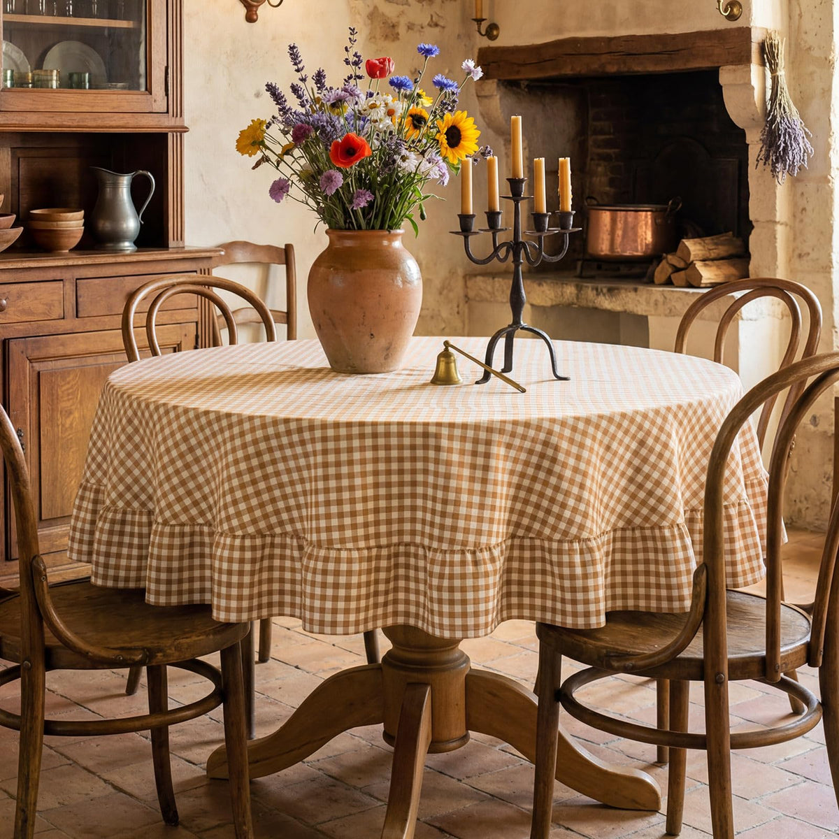 Mindsoft Brown Ruffled Gingham Tablecloth, 52 x 70 Inches, Rectangle