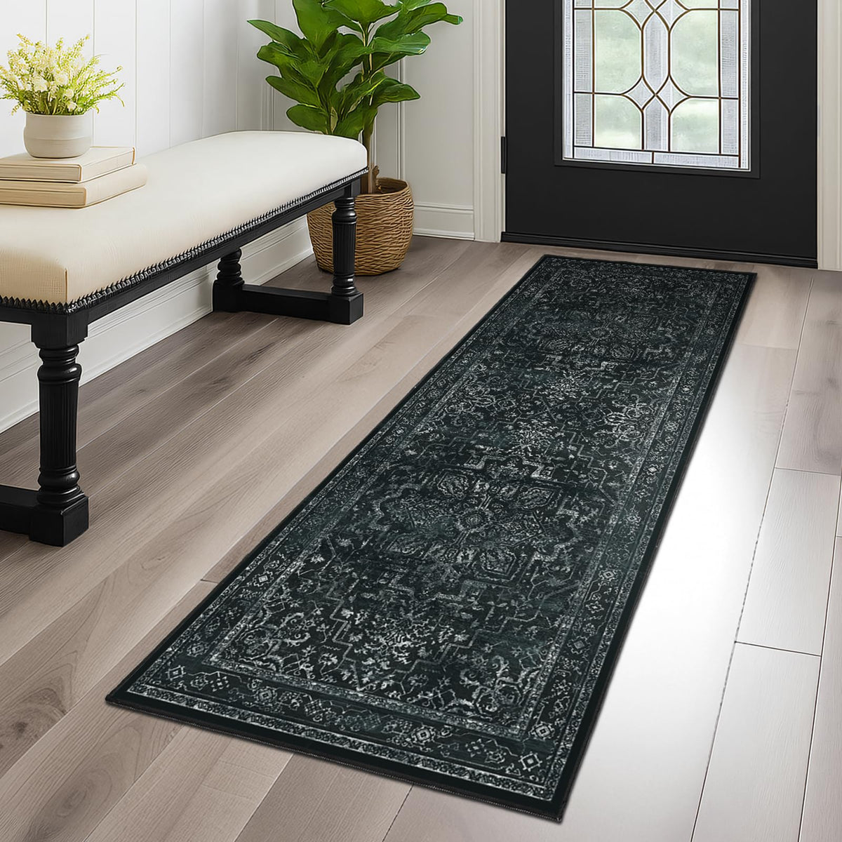 Vintage Dark Green Area Rugs 5x7 for Living Room, Tranditional Distressed Medallion Printed Low Pile Thin Rugs for Bedroom, Non Slip Washable Carpet Rugs for Dining Room/Kitchen/Home Office