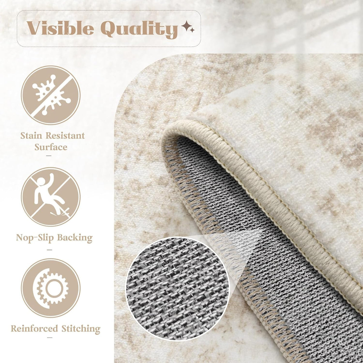 Area Rug 8x10 Washable Rug, Vintage Boho Medallion Rugs Non-Slip Soft Low Pile Large Distressed Rug Indoor Retro Carpet for Living Room Bedroom Dining Room Office Children's Room(Beige, 8'x10')