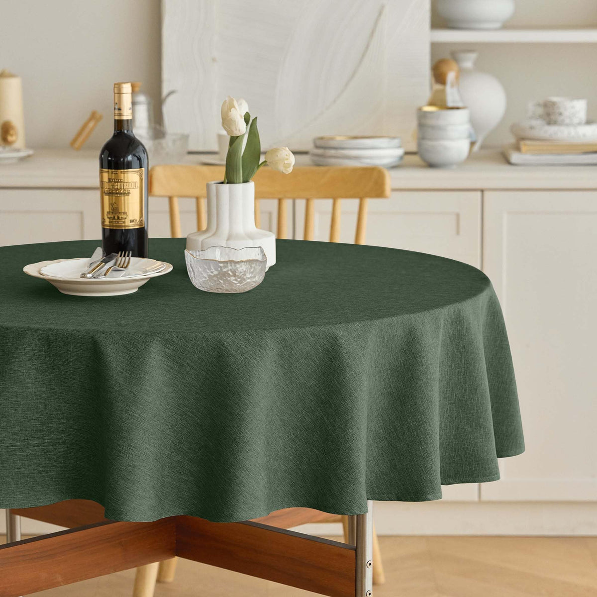 Decorelia Faux Linen Round Tablecloths 60 inch, Waterproof Decorative Washable Texture Rustic Circle Table Cloth Cover for Dining Kitchen Party Farmhouse Outdoor(Round (2-4 Seats),Sage Green)
