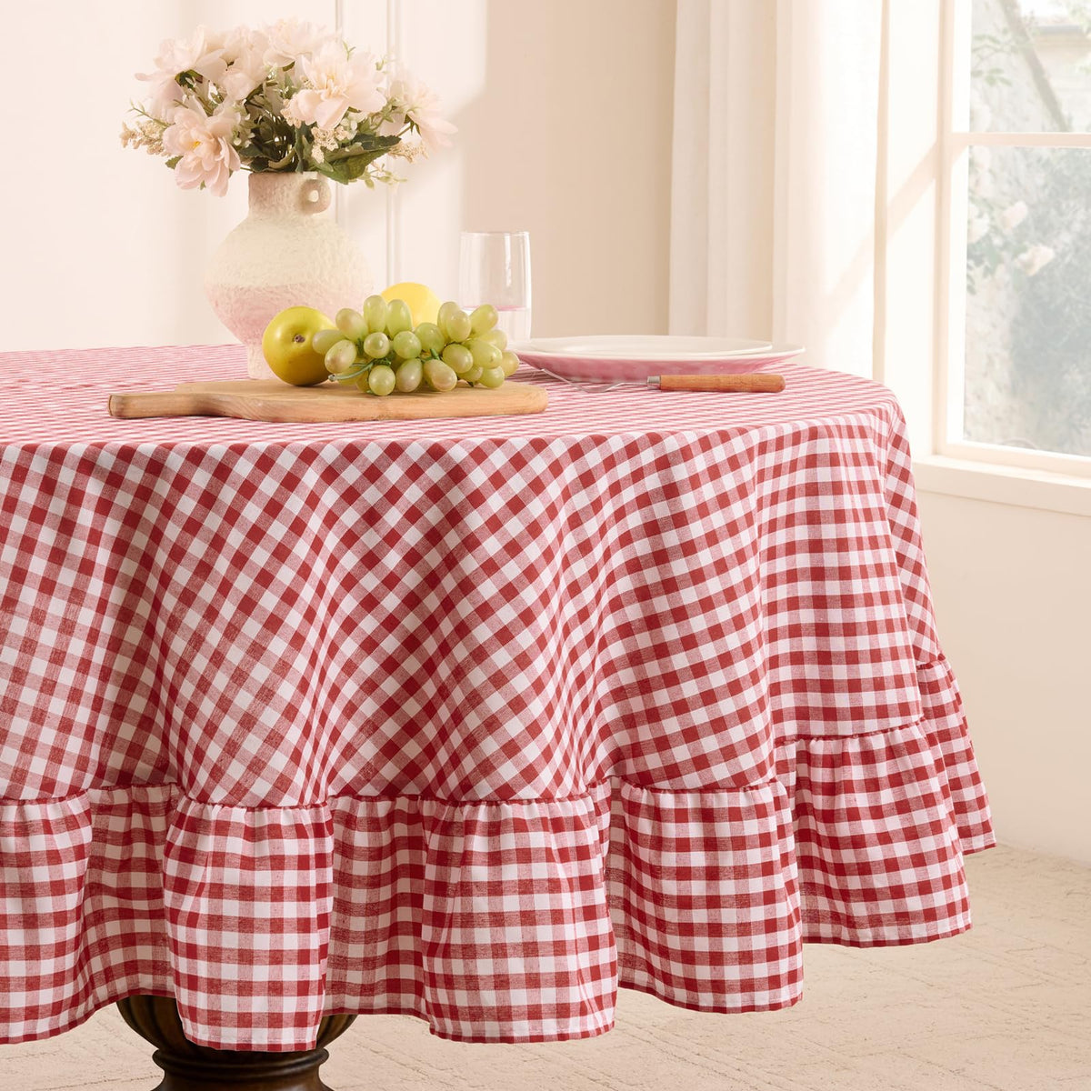 Romanstile Gingham Ruffled Tablecloth Rectangle, 60 x 84 Inch, Sage Green