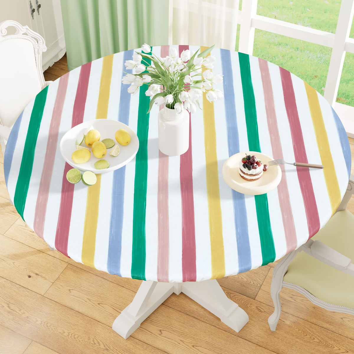 misaya Round Fitted Tablecloth with Elastic Edge, 100% Waterproof Oil Proof Plastic Table Cover, Vinyl Flannel Backed Tablecloth Fits 36"-44" Round Tables for Dinner, Outdoor, Picnic, Flowers