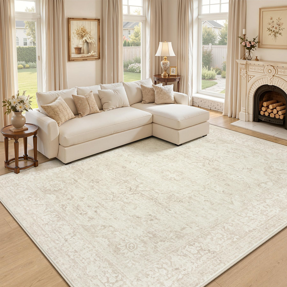 8x10 Area Rugs for Living Room: Washable Boho Vintage Floral Rug Large Soft Non-Slip Rugs Stain Resistant Low Pile Indoor Carpet for Bedroom Dining Room Nursery Home Office Beige