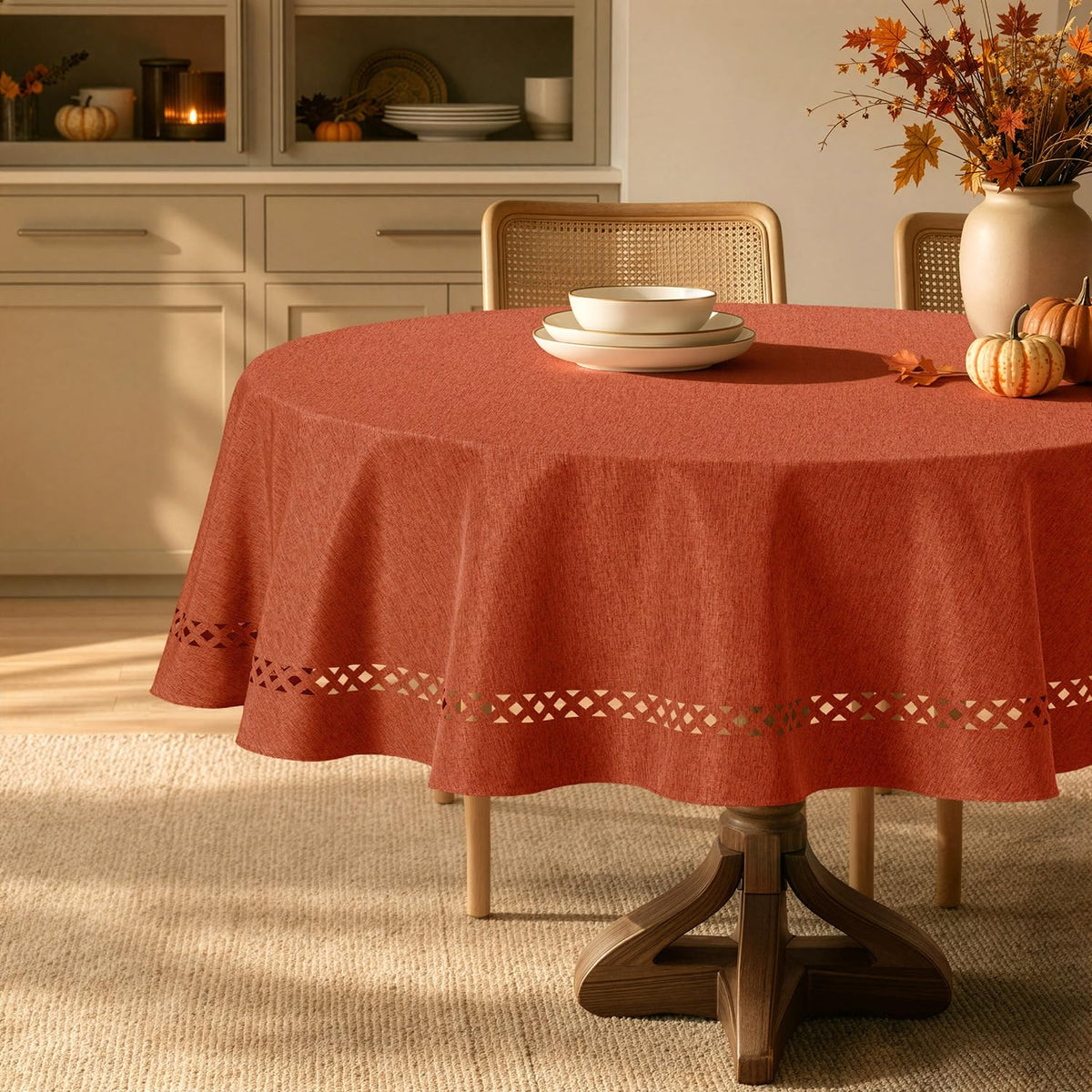 MIULEE Beige Rectangle Tablecloth with Decorative Cutouts 52x70 Inch