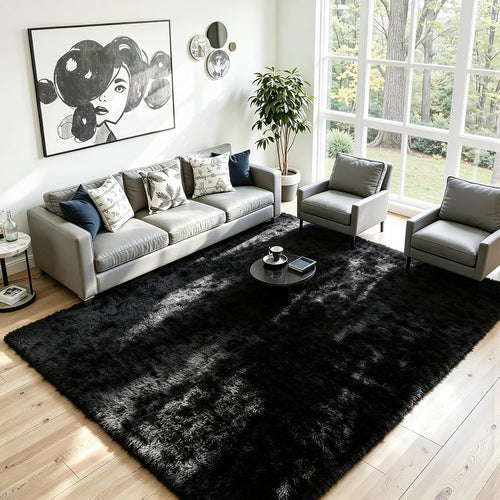 8x10 Fluffy Area Rug for Living Room: Soft Non-Slip Black Bedroom Carpet