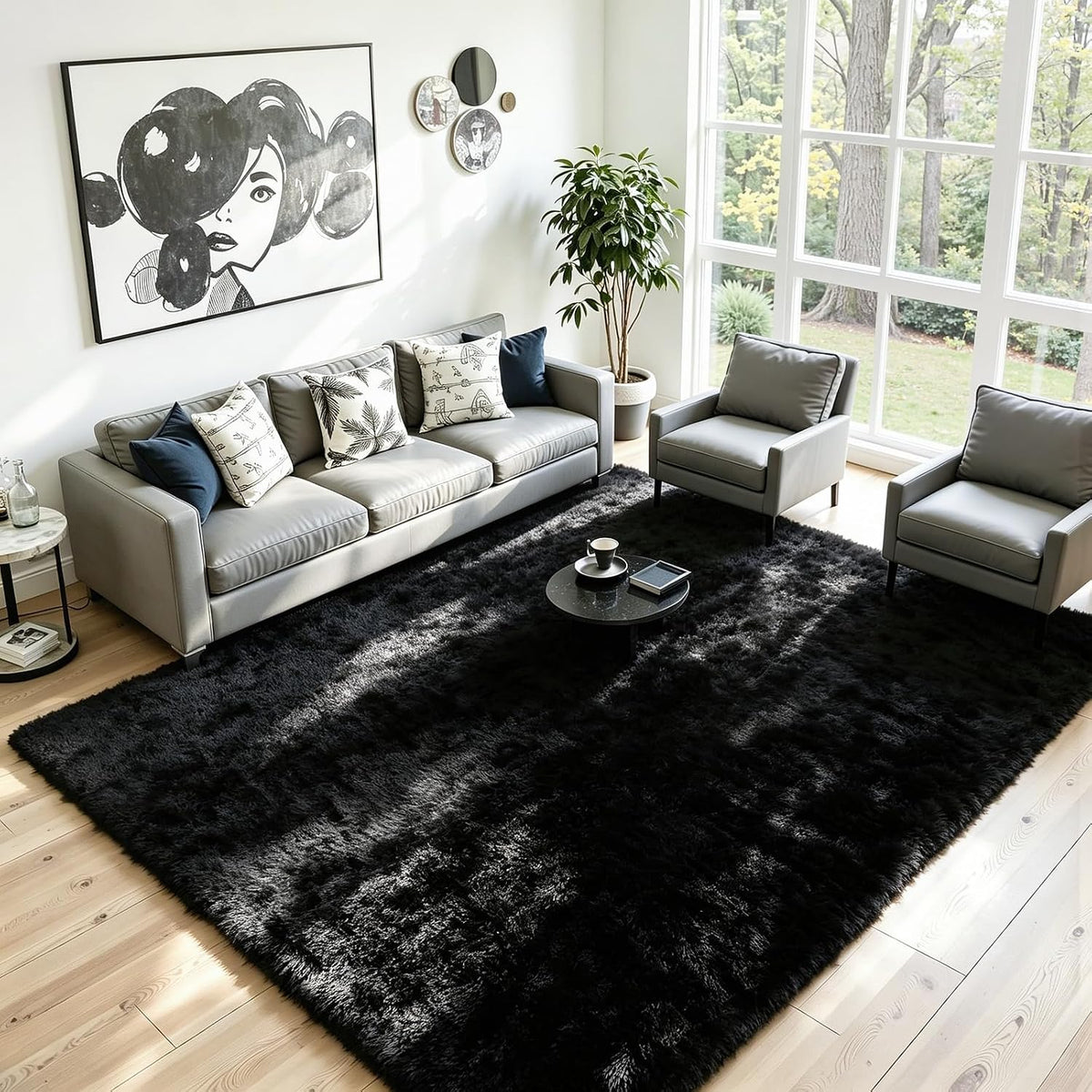 8x10 Fluffy Area Rug for Living Room: Soft Non-Slip Black Bedroom Carpet